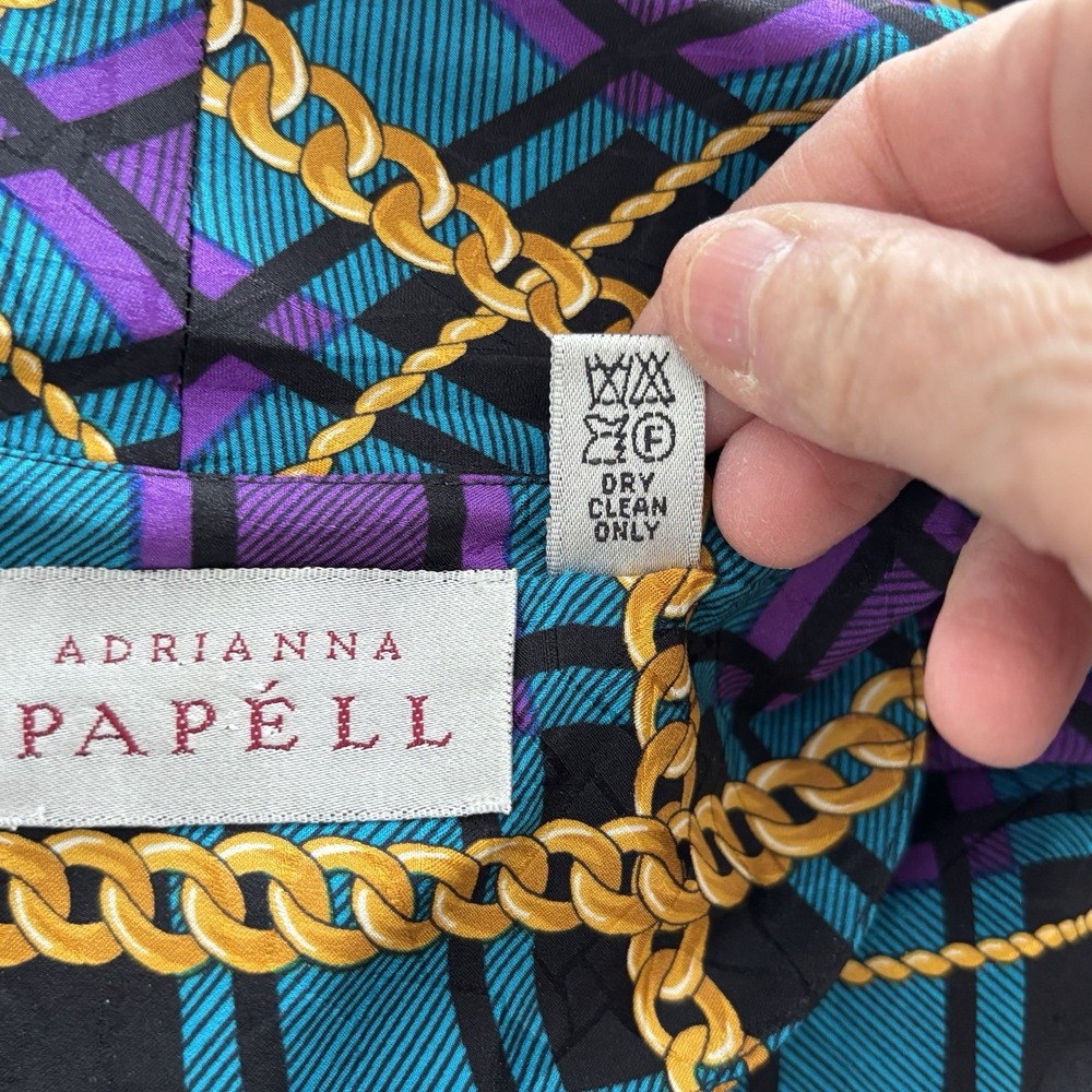 90s Adrianna Papell Silk Shift Dress Womens Blue Purple Plaid Chain Print Bow - Picture 11 of 12